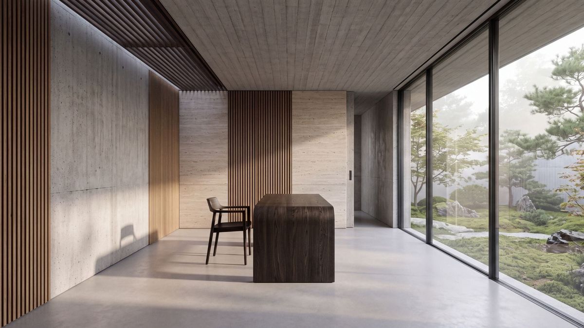 Minimalist luxury architectural consultation room with smoked oak table and misty courtyard view.
