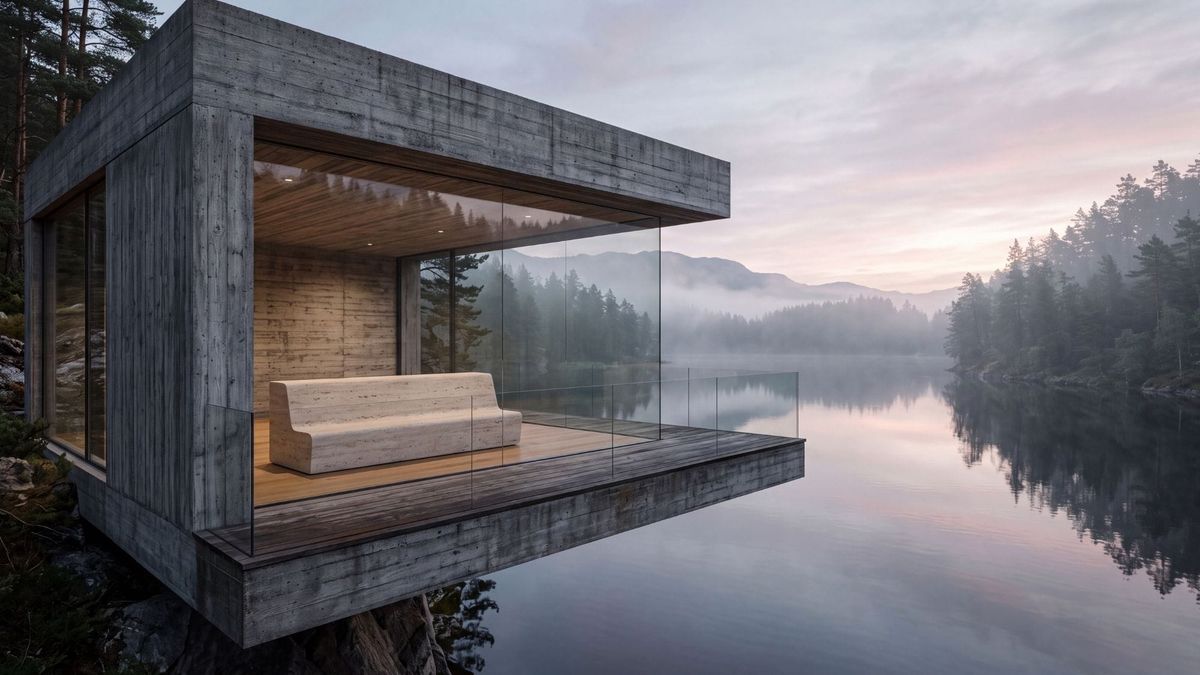 Minimalist architectural sanctuary overlooking misty coastal waters at sunrise, representing solitude and sovereignty.