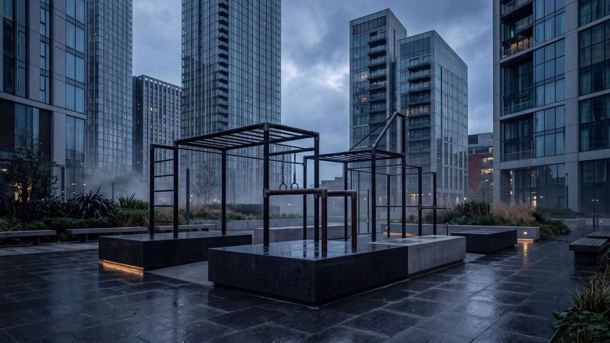 Modern architectural calisthenics pavilion with matte black steel bars and granite plinths in an urban plaza at dawn.