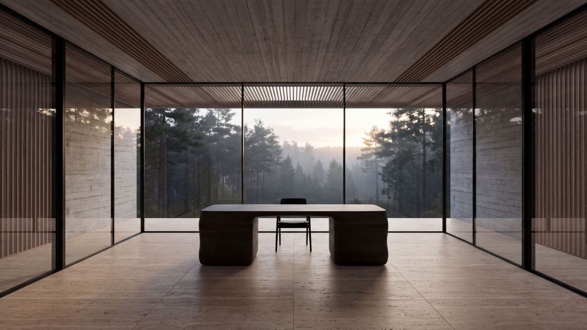 Minimalist luxury architectural interior with floor-to-ceiling glass and serene ambient light.