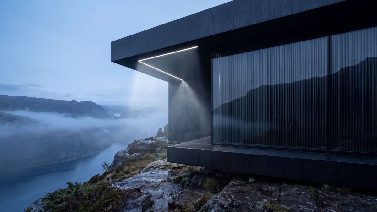 Minimalist dark graphite architectural pavilion with a linear beam of light, representing structural clarity.