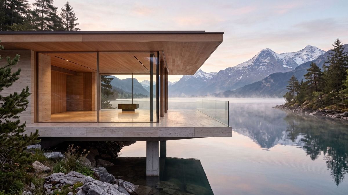 Minimalist luxury pavilion overlooking a calm lake at dawn, illustrating the architecture of less and mindfulness.