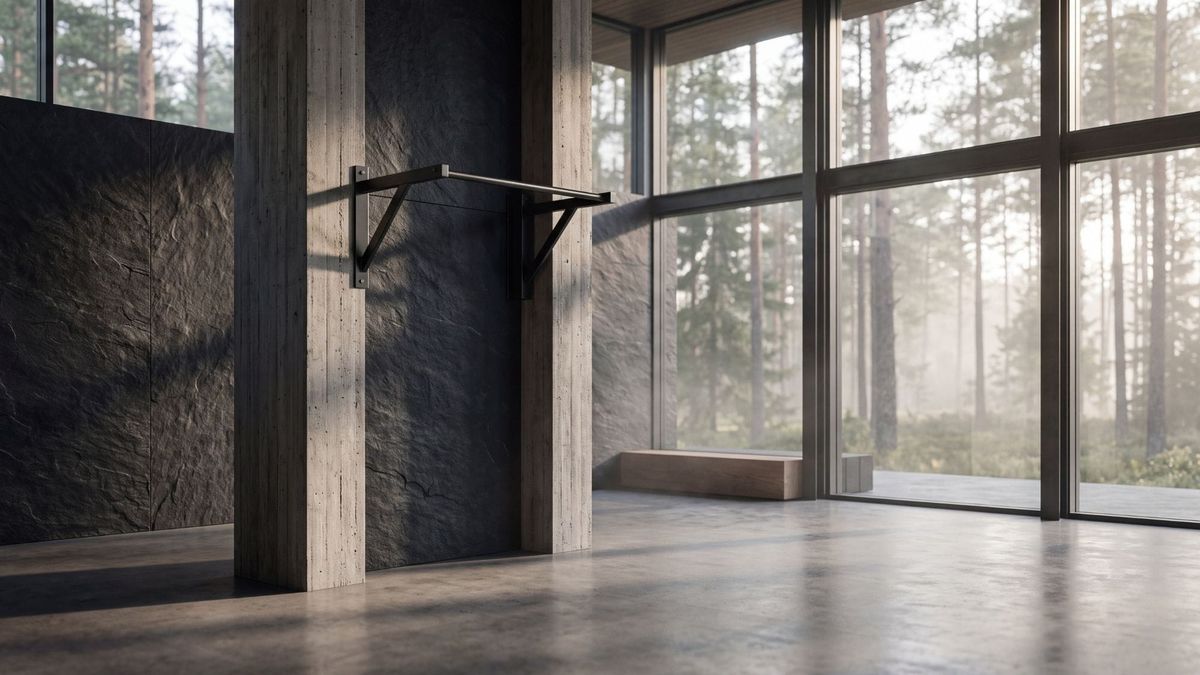 Minimalist architectural training pavilion with matte black pull-up bar overlooking a misty pine forest.
