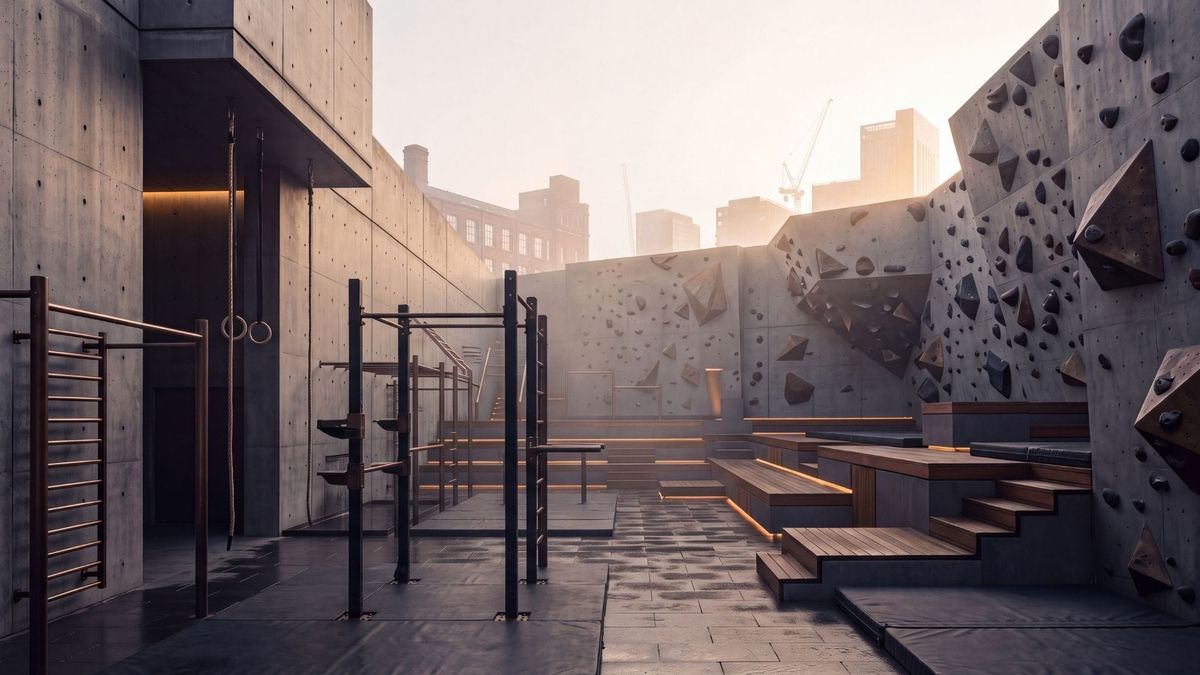 Minimalist concrete training facility at dawn with morning mist, symbolizing quiet preparation and focus.
