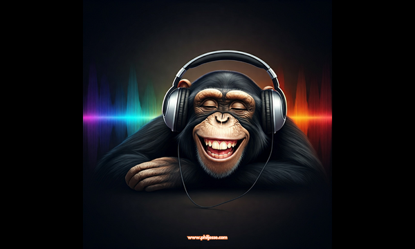A playful monkey, wearing headphones, lies down on a colorful, abstract background of sound waves.