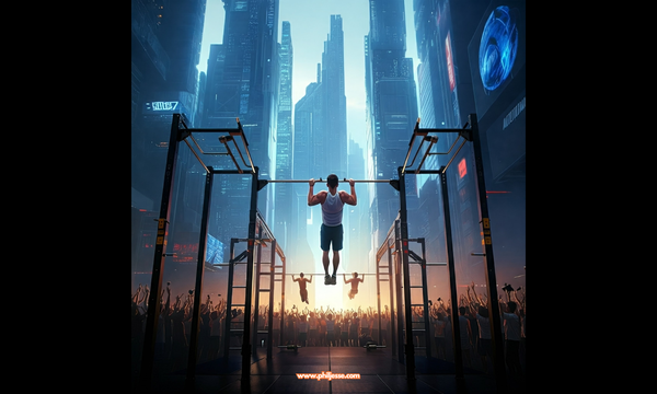 Athletes compete in a futuristic pull-up endurance game, surrounded by a cheering crowd and towering skyscrapers.