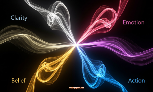 A vibrant abstract of four colored ribbons of light: Clarity (white), Belief (gold), Emotion (magenta), and Action (blue), flowing from the corners to unite harmoniously in the center.