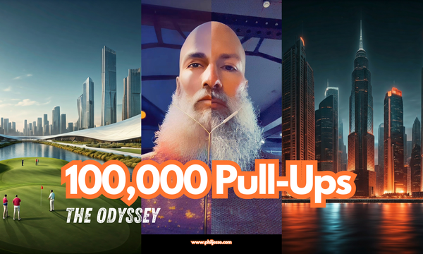 Phil Jessé, "100,000 Pull-Ups," skyscrapers, and golf course imagery symbolize his epic fitness journey.