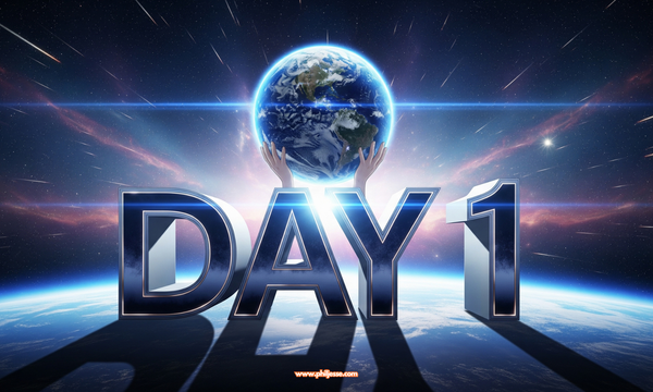 An anime-style illustration of Earth resting on the sleek, glowing words 'DAY 1'. The scene is set in a dramatic, vibrant cosmos, creating an epic and motivational feeling.