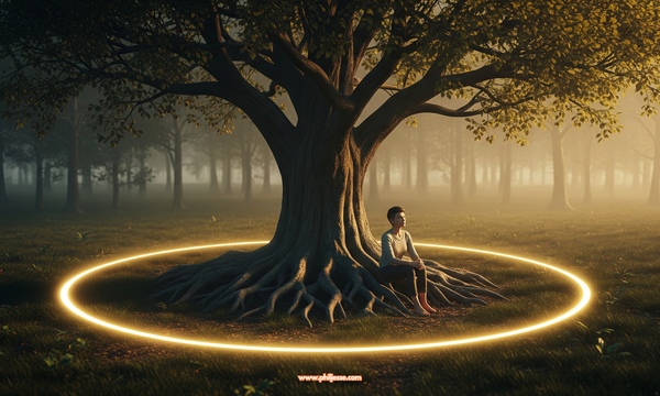 A person sits against a large tree in a misty forest. A glowing gold circle on the ground encloses them and the tree's roots, symbolizing a peaceful, safe boundary.