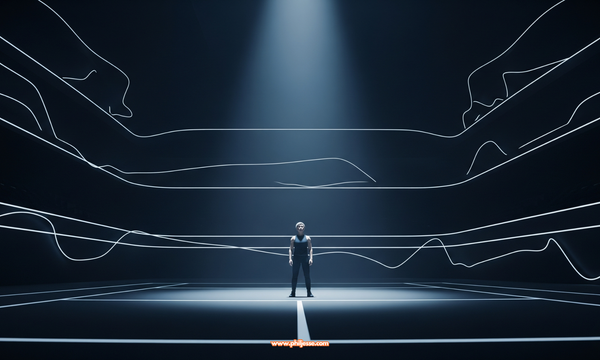 A lone figure stands under a spotlight in a vast, dark arena. Glowing abstract lines trace the walls, creating a cinematic mood of focused determination and resilience.