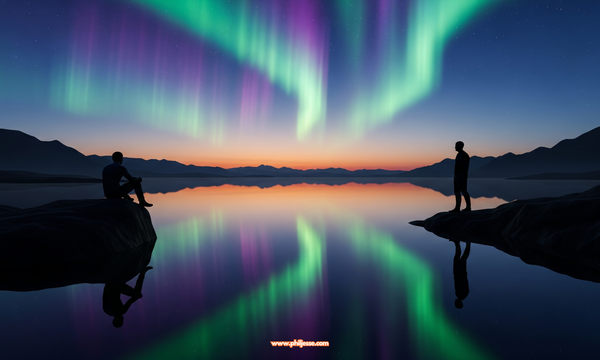 Two silhouetted figures on opposite shores of a still lake at twilight, gazing at the reflection of a vibrant aurora borealis.