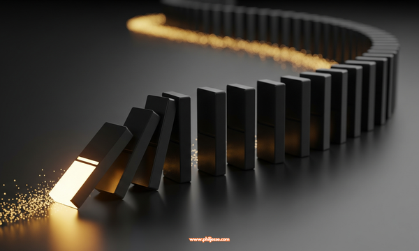 A line of matte black dominoes begins to topple, led by one glowing with golden light, creating a trail of light particles on a dark, reflective surface.