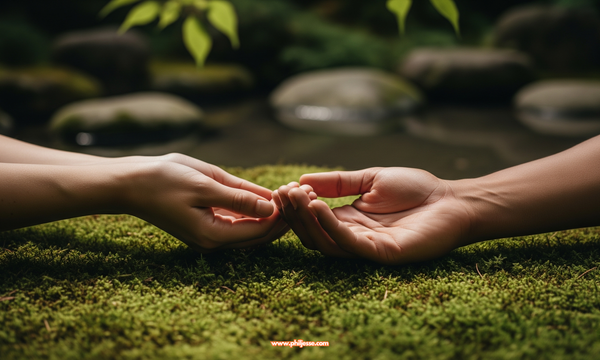 Two hands held gently above a bed of green moss. In the soft-focus background is a tranquil Japanese zen garden with calm water and smooth stones.