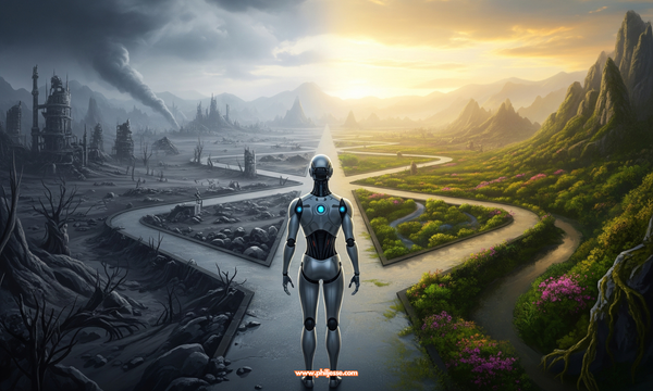 A robot stands at a crossroads. The path right leads to a vibrant, sunny world. The path left leads to a desolate, stormy wasteland.