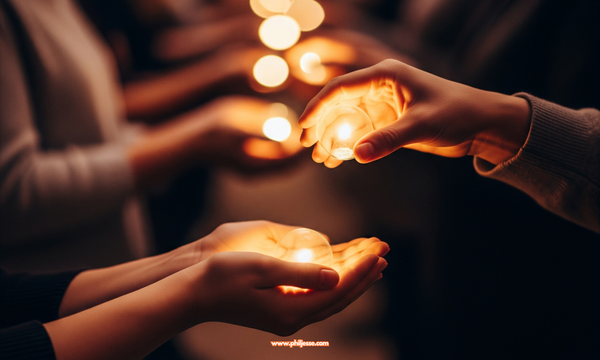 A close-up of hands passing a glowing golden orb to another pair of hands, with a line of people sharing light in the blurred background.
