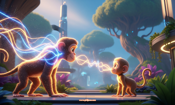 Two cartoon monkeys in a futuristic jungle. A glowing monkey sends radiant golden and blue energy to another, who calmly receives it, symbolizing a magical, empathetic connection.