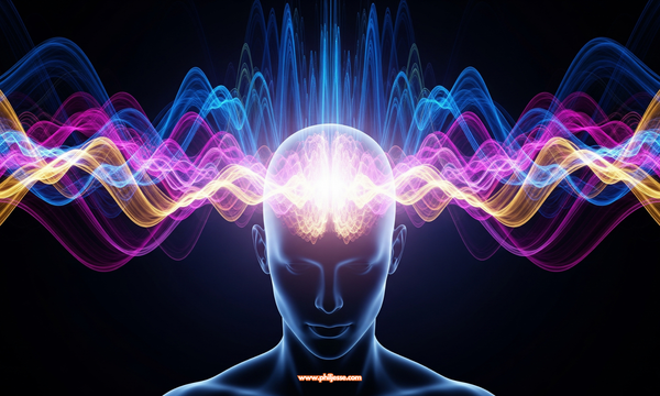 An abstract silhouette of a person's head radiates vibrant waves of blue, magenta, and gold light, symbolizing powerful mental energy.