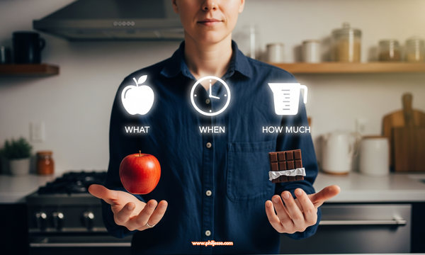 A person in a kitchen makes a mindful food choice, with icons for 'What,' 'When,' and 'How Much' glowing in front of them.