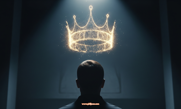 A person viewed from behind in a dark room, with a magical, glowing golden crown floating just above their head.