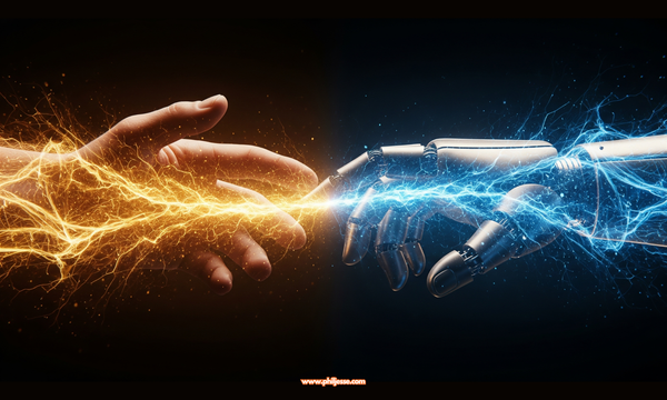 A human hand emitting warm, golden light touches a robot hand emitting cool, blue light, creating a dramatic, philosophical interface against a dark background.