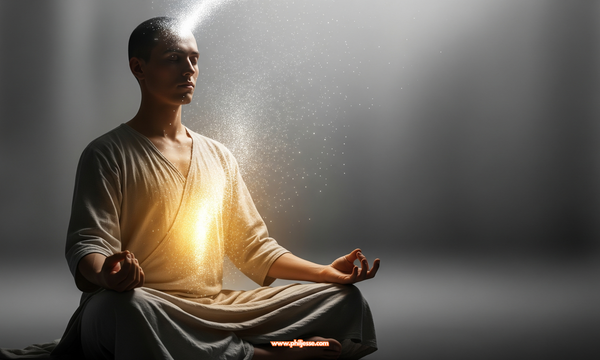 A serene person meditates as white light particles, representing thoughts, flow from their head into their chest, which glows with a warm golden light representing feelings.