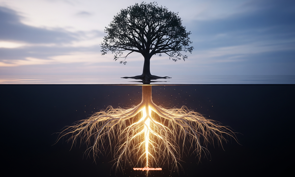 A single, stylised tree is shown with its deep, glowing root system visible below, symbolising the discovery of a foundational truth.
