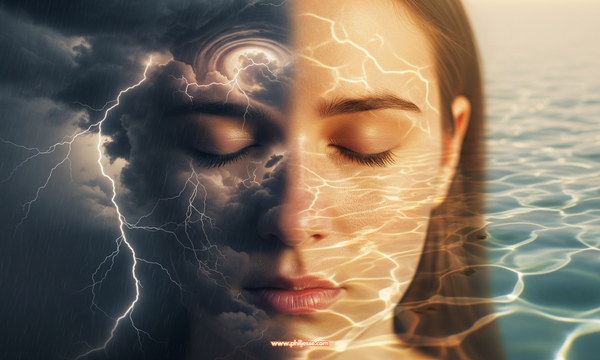 An artistic portrait of a person's face, half reflecting a dark, stormy texture of fear, the other half glowing with the calm, clear light of a grounded and peaceful state.