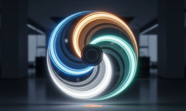 An abstract image of a glowing flywheel in a modern office. Four streams of blue, amber, white, and teal light interconnect in dynamic motion, representing a business framework.