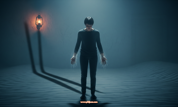 A distressed person in a dark room looks at their dissolving hands, a visual metaphor for the psychological confusion and loss of reality from gaslighting