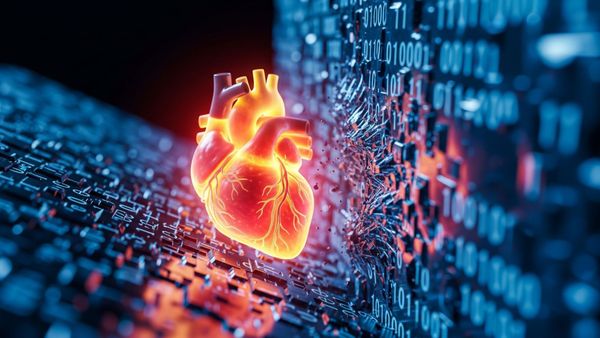 Glowing human heart repelling cold digital code, symbolizing biological intuition vs AI logic in coaching.