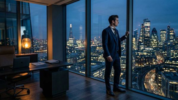 A professional looking out of a modern office window at night, illustrating the silent burden of high performers.