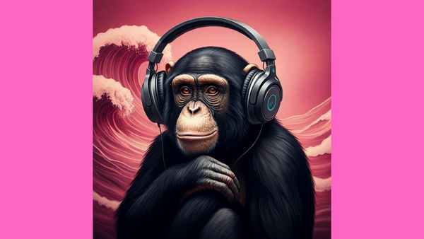 Digital illustration of a 'content monkey' wearing headphones, symbolizing the deep focus and concentration achieved by listening to pink noise.