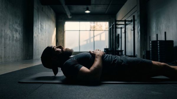 Silhouetted man with beard and baseball cap lying down practicing breathwork to naturally biohack neurochemistry.