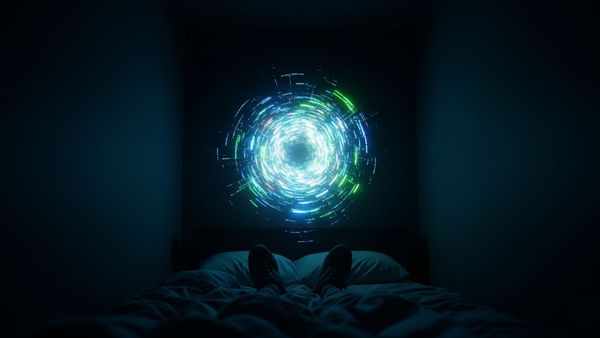 Person awake in dark bed illuminated by blue digital light, showing tired but wired overstimulation.
