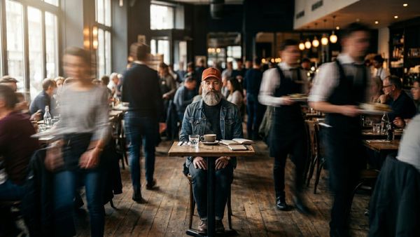 A person remaining calm and grounded in the center of a chaotic, blurred modern restaurant, illustrating emotional flooding and nervous system regulation.