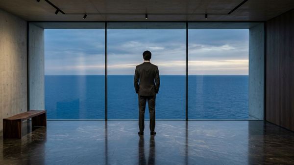 Executive looking out over a calm ocean from a modern glass room, representing a clear mind and focus.