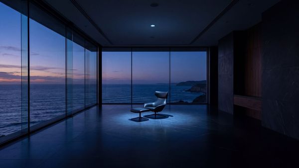 A minimalist, high-end executive boardroom overlooking an ocean, representing cognitive clarity and NSDR.