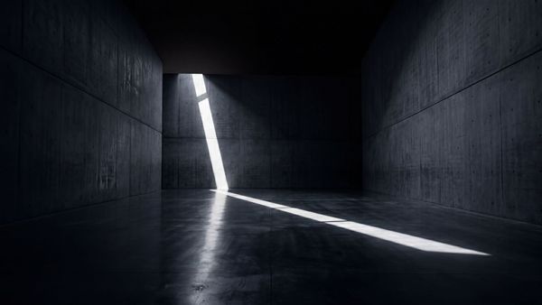 A minimalist, dark architectural room illuminated by a single beam of light representing stillness.