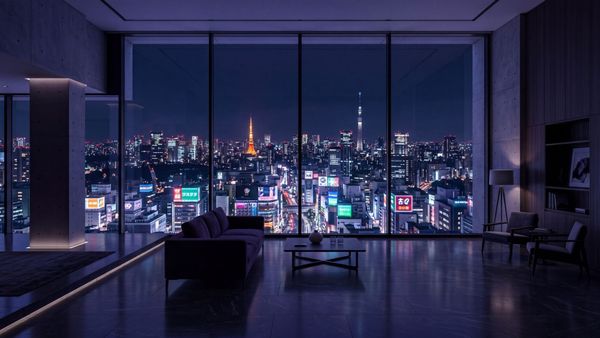 A luxurious, unpopulated minimalist penthouse overlooking the midnight Tokyo skyline, cast in calming indigo and violet shadows.