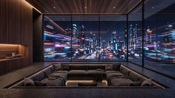 Minimalist luxury sanctuary overlooking a blurred city, representing the depth deficit.