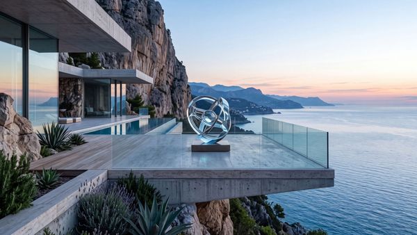 A minimalist, luxury cliffside terrace overlooking the sea at dawn, representing calm focus and high performance.