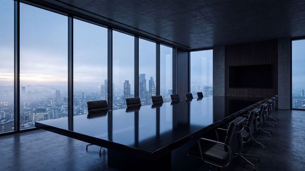 A minimalist, luxury corporate boardroom with an obsidian table looking out over a misty city, representing the contractual collective.