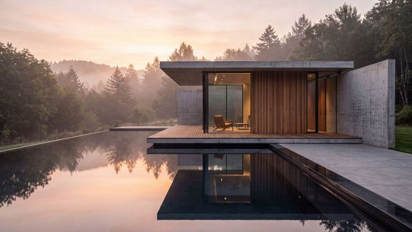Editorial photograph of a minimalist architectural pavilion with a calm reflection pool at sunrise.