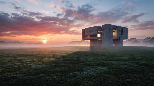 A minimalist architectural pavilion in a vast green field at sunrise representing quiet courage and unspoken influence.