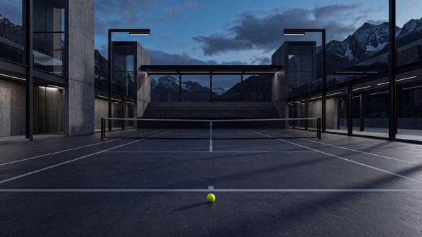 Minimalist dark concrete tennis court with a single yellow ball representing high performance psychology.