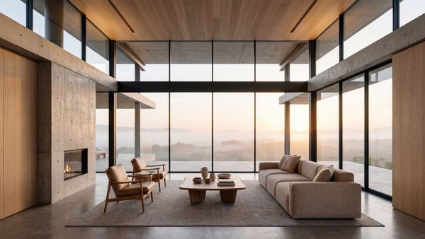 Minimalist glass sanctuary looking over a calm mist-shrouded horizon at sunrise.