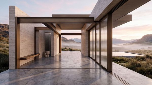 Minimalist modern architecture with dramatic morning light and geometric stone frames representing cognitive structure.
