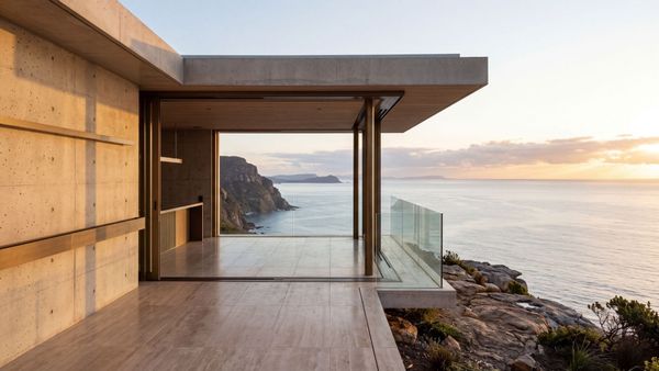 Minimalist modern architectural pavilion on a cliff at sunrise overlooking the calm ocean.