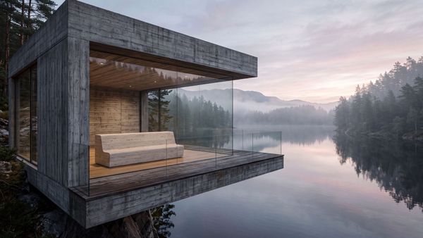 Minimalist architectural sanctuary overlooking misty coastal waters at sunrise, representing solitude and sovereignty.
